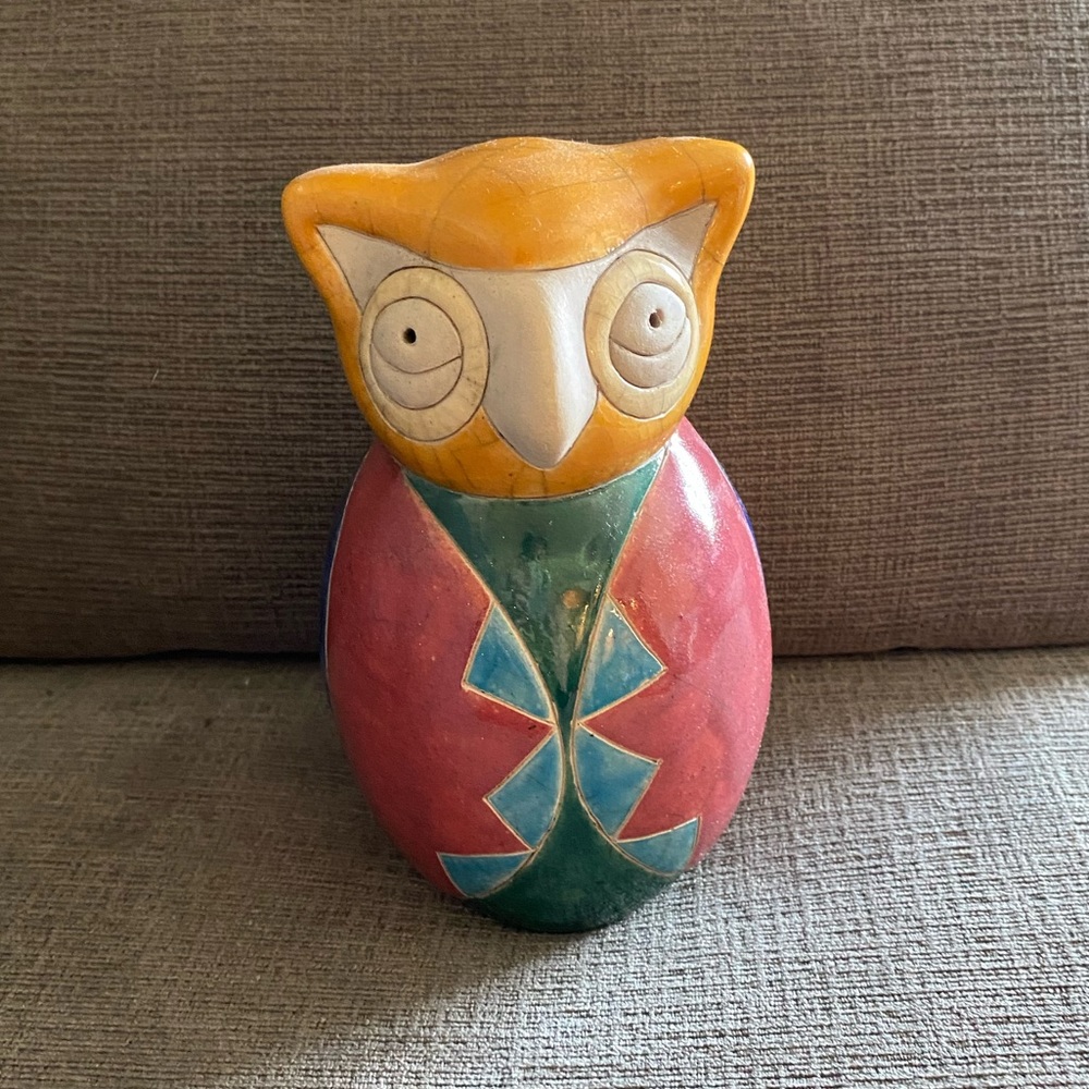 Vtg Handmade Raku Pottery Large Colored Glaze OWL Figurine Made in South Africa